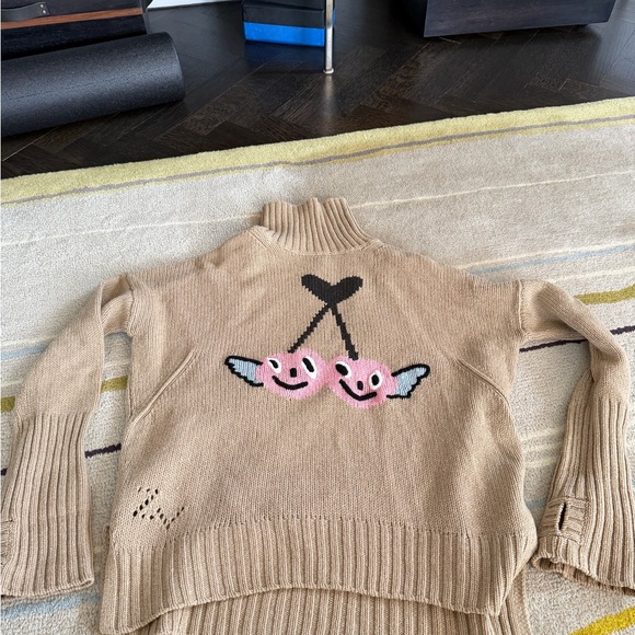 Zadig & Voltaire Tan Turtleneck Sweater with Pink Graphic